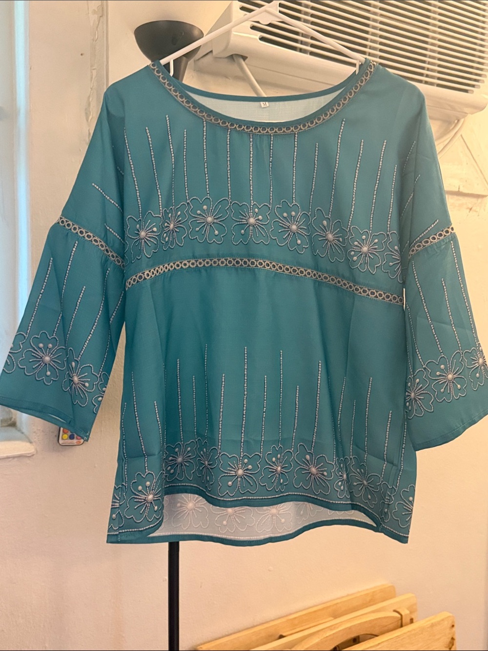Embroidered Teal Floral Chiffon Women's Blouse